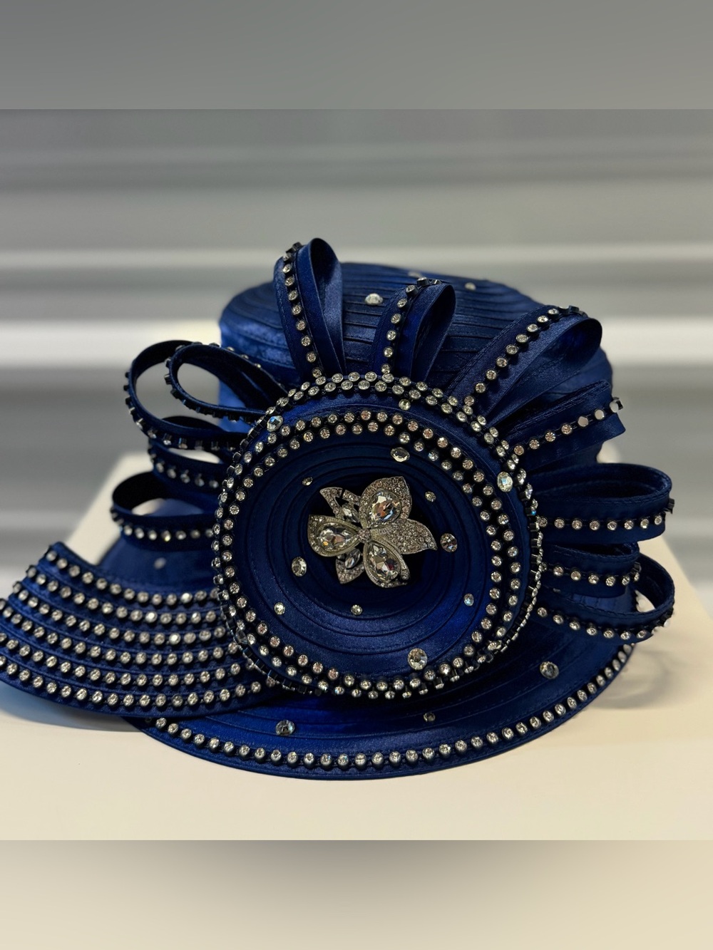 Navy Blue Rhinestone Church Derby Hat Lily & Taylor Women’s Dress Hat